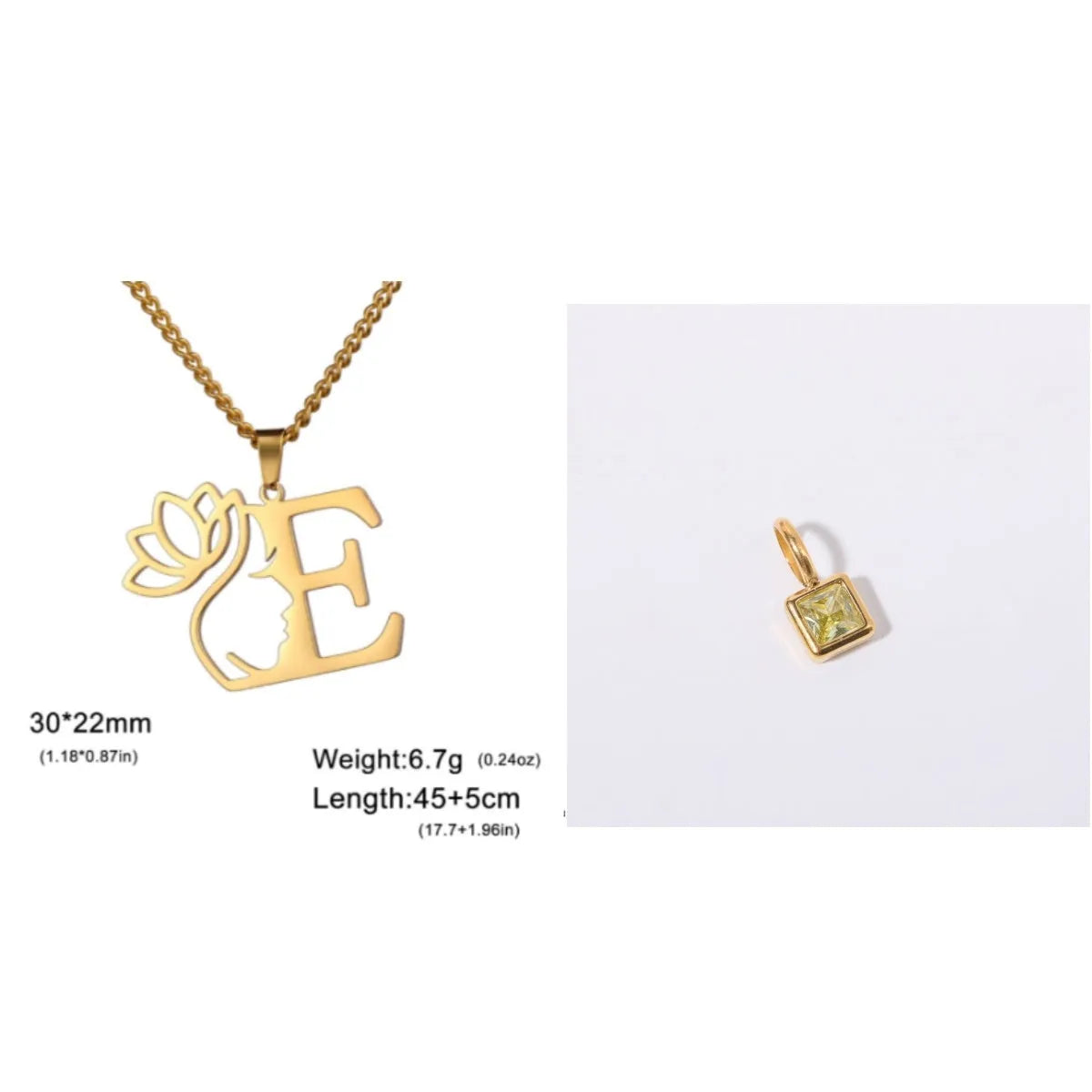 Stainless steel necklace with cross chain and a single letter pendant in gold or silver finish.