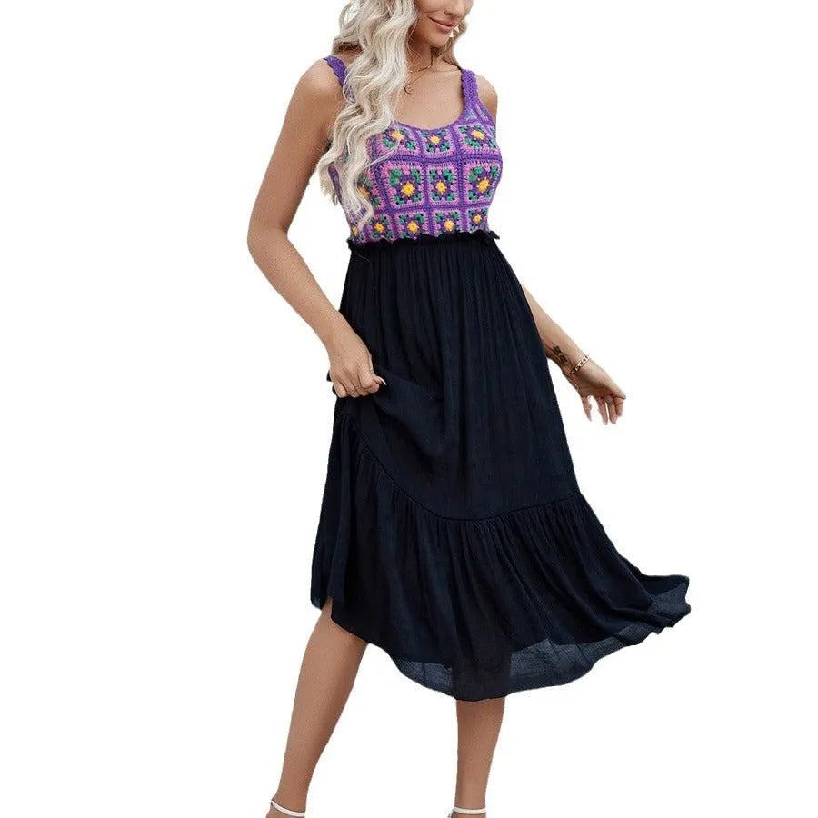 Purple sleeveless dress with hand-hook flower stitching on the fabric, shown as a free-size acrylic skirt.