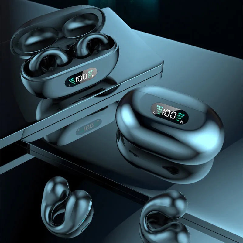Bone conduction Bluetooth headset with ear clip design in black, white, or khaki colour