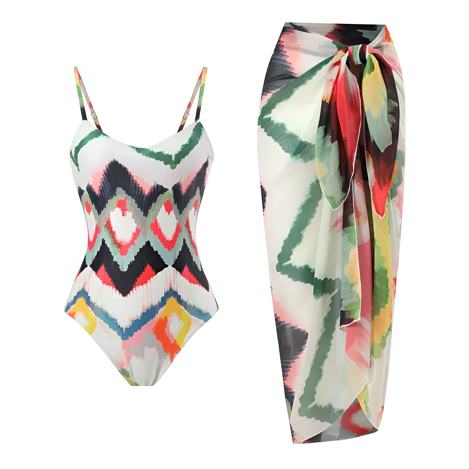 Women's two-piece swimsuit with hip skirt in printed polyester fabric
