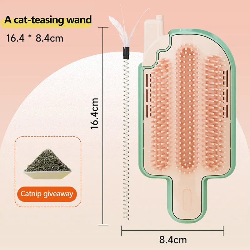 Blue and white ice cream cone shaped cat grooming toy with mint ball and feather attachments