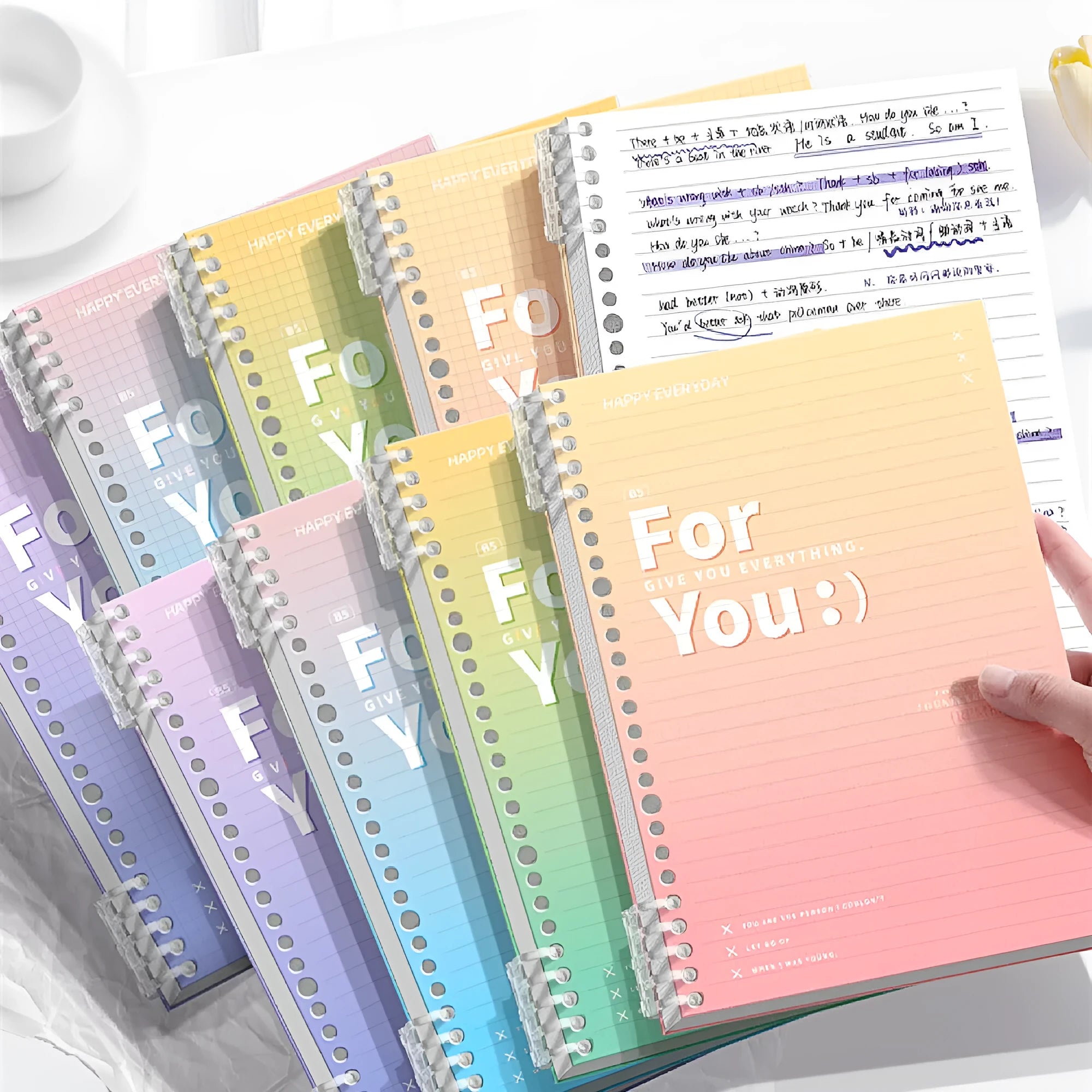 Removable coil gradient notepad with PP cover in blue, green, pink, and purple colours