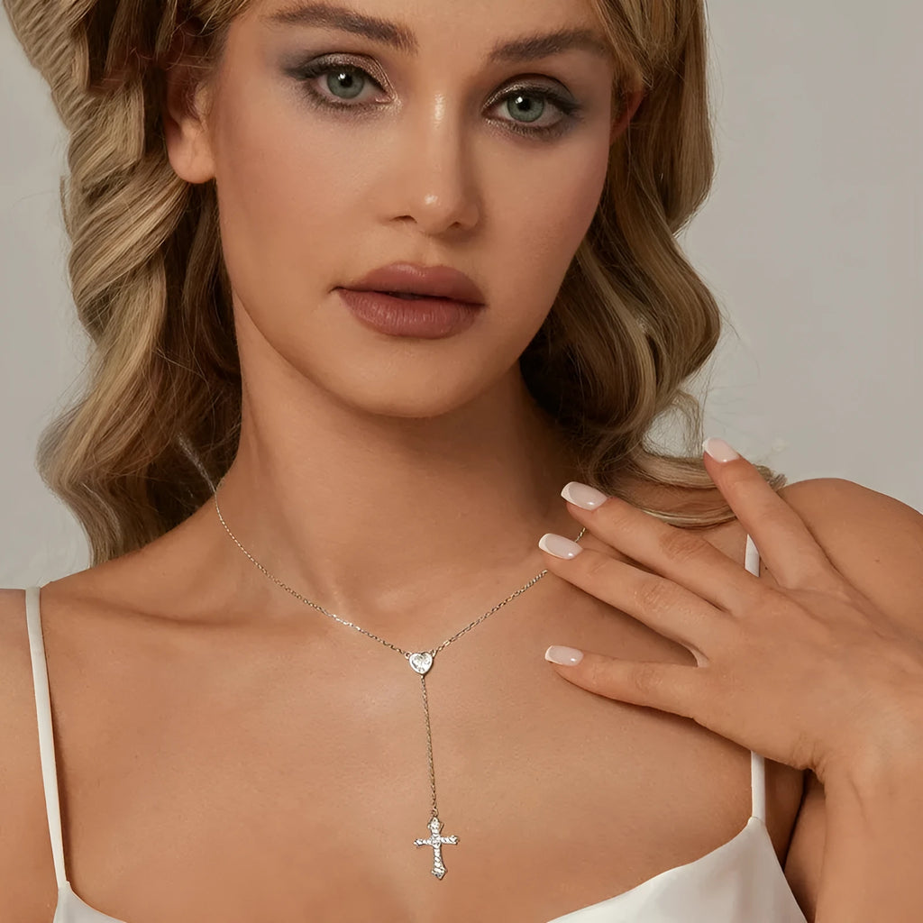 Women's silver love cross necklace on a V-neck O-ring chain, BSN384 colour.