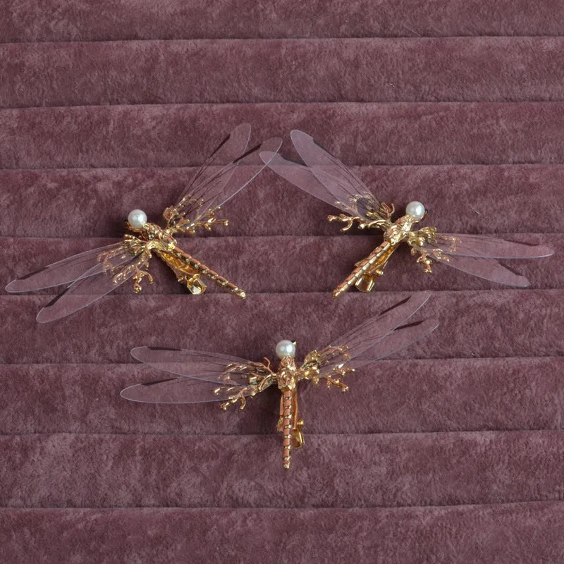 Golden dragonfly side clip headdress with alloy construction and electroplated finish