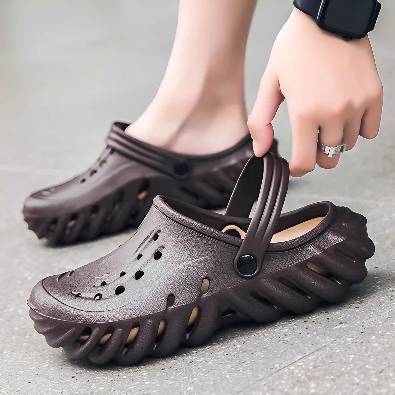 Men's beige EVA slipper sandals with hole design and non-slip outdoor soles