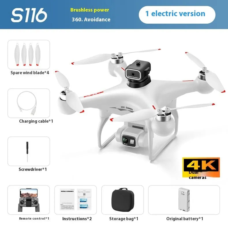 Black HD brushless quadcopter drone with four obstacle avoidance sensors and camera