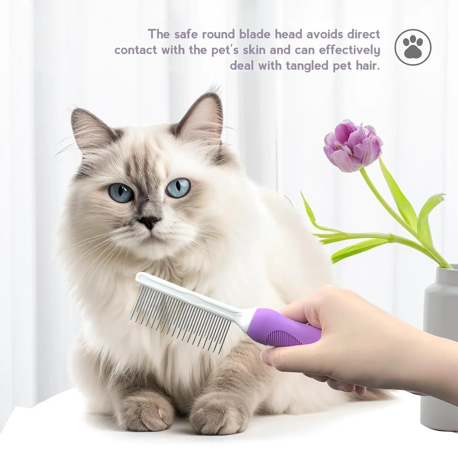 Purple handled pet grooming comb with long and short stainless steel teeth for detangling dog and cat fur.