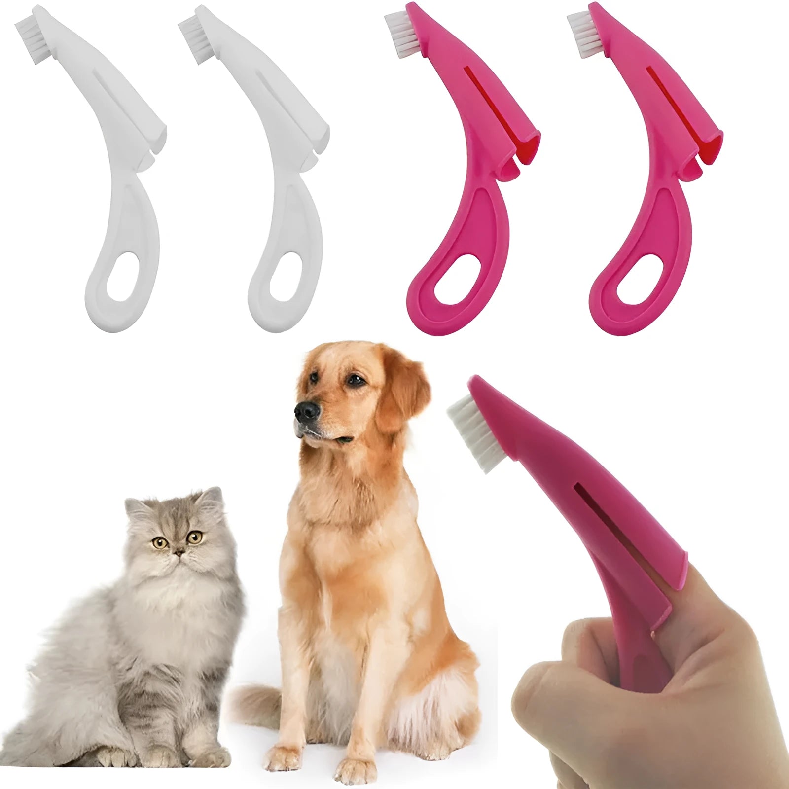 Red and white pet finger toothbrush with soft silicone bristles and a finger sleeve for cleaning dog or cat teeth.