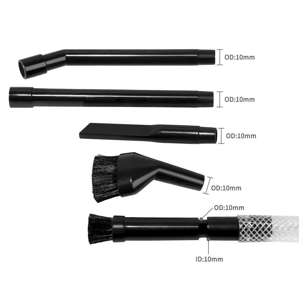 Eight-piece vacuum cleaner attachment set with various suction heads including floor brush and upholstery tool