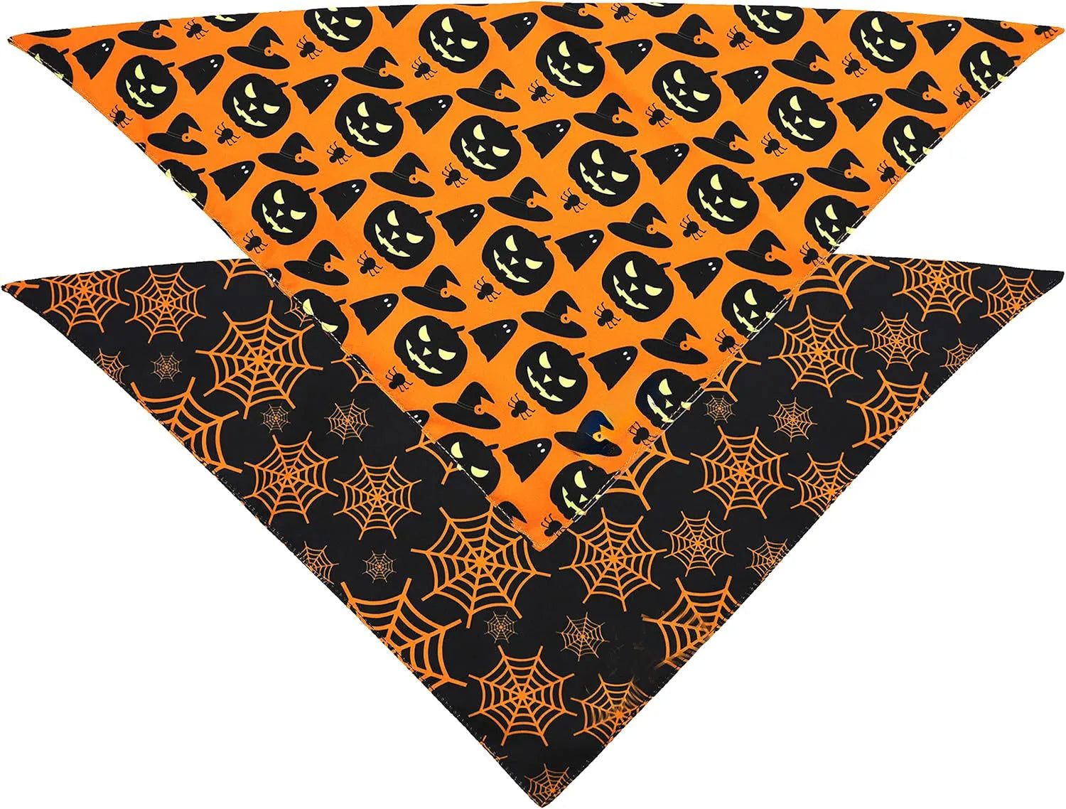 Reversible Halloween dog bandana showing pumpkin and spider web designs in black and orange colours with adjustable neck closure