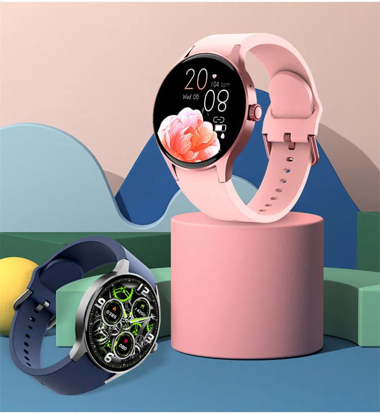 Smart Bluetooth sport watch with 1.43 inch round screen and IP68 waterproof rating in black blue pink or red