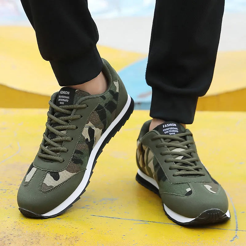 Camouflage pattern suede running shoes with mesh lining and foam sole on size chart background