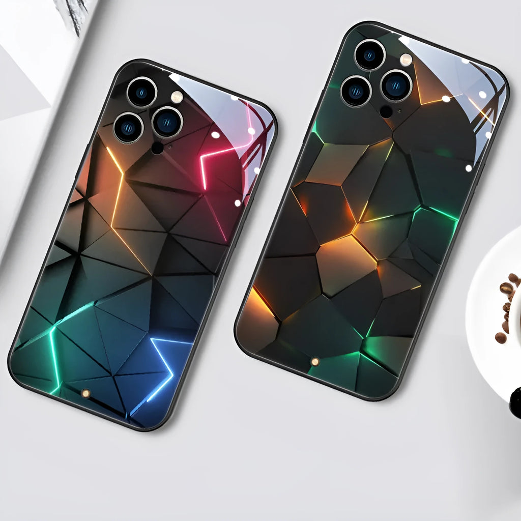 Tempered glass iPhone 14 case with incoming light notification around camera cutout.