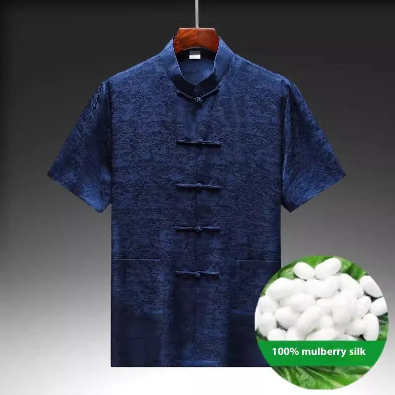 Men's mulberry silk Chinese Tang suit in light green, shown with traditional woven detailing.