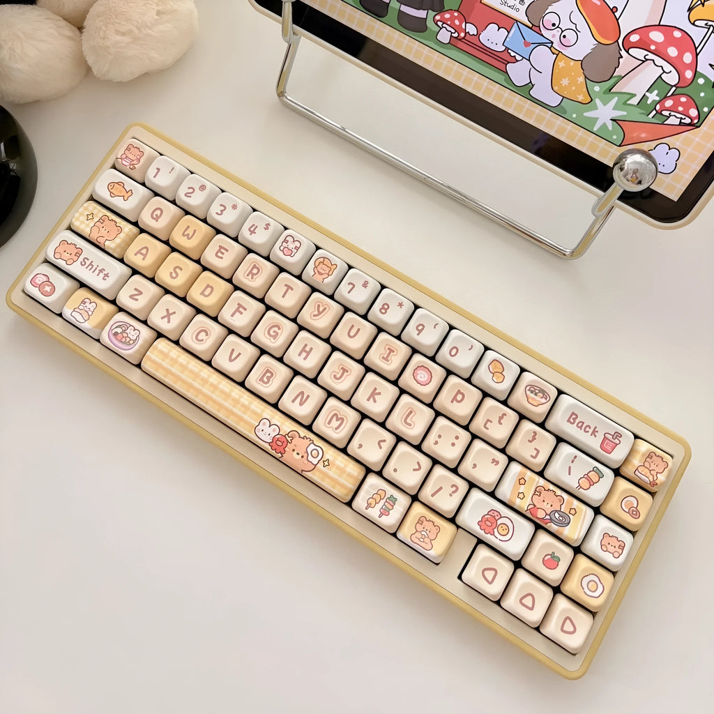 Set of 140 white PBT keycaps with colourful rabbit and bear restaurant theme, showing EOA height profile.