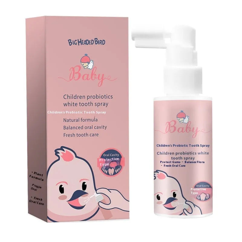 Children's probiotic oral spray bottle for teeth cleaning and cavity prevention in strawberry and orange flavours