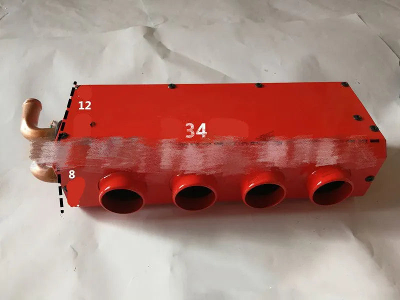 Metal car heater unit with copper pipe radiator for 12V and 24V vehicle installation.
