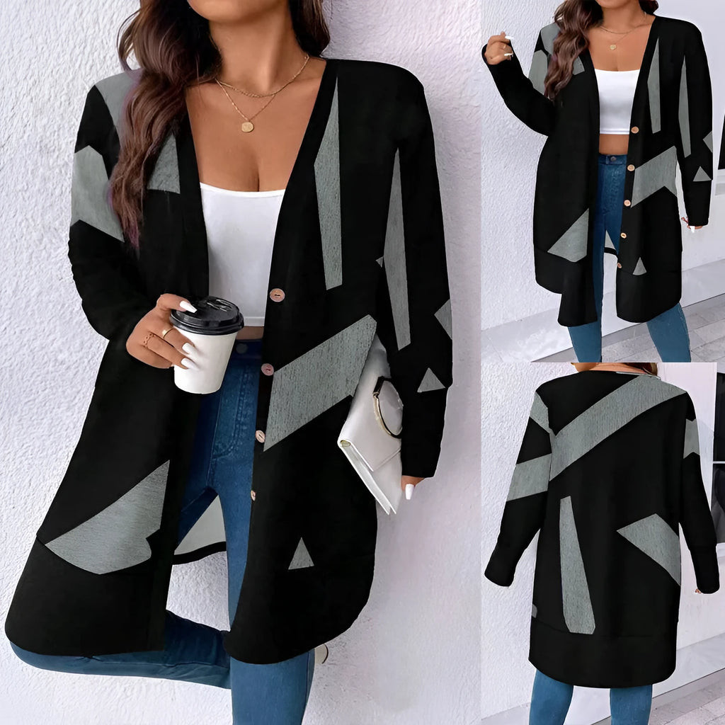 Black loose fit plus size casual cardigan with button details on a hanger.