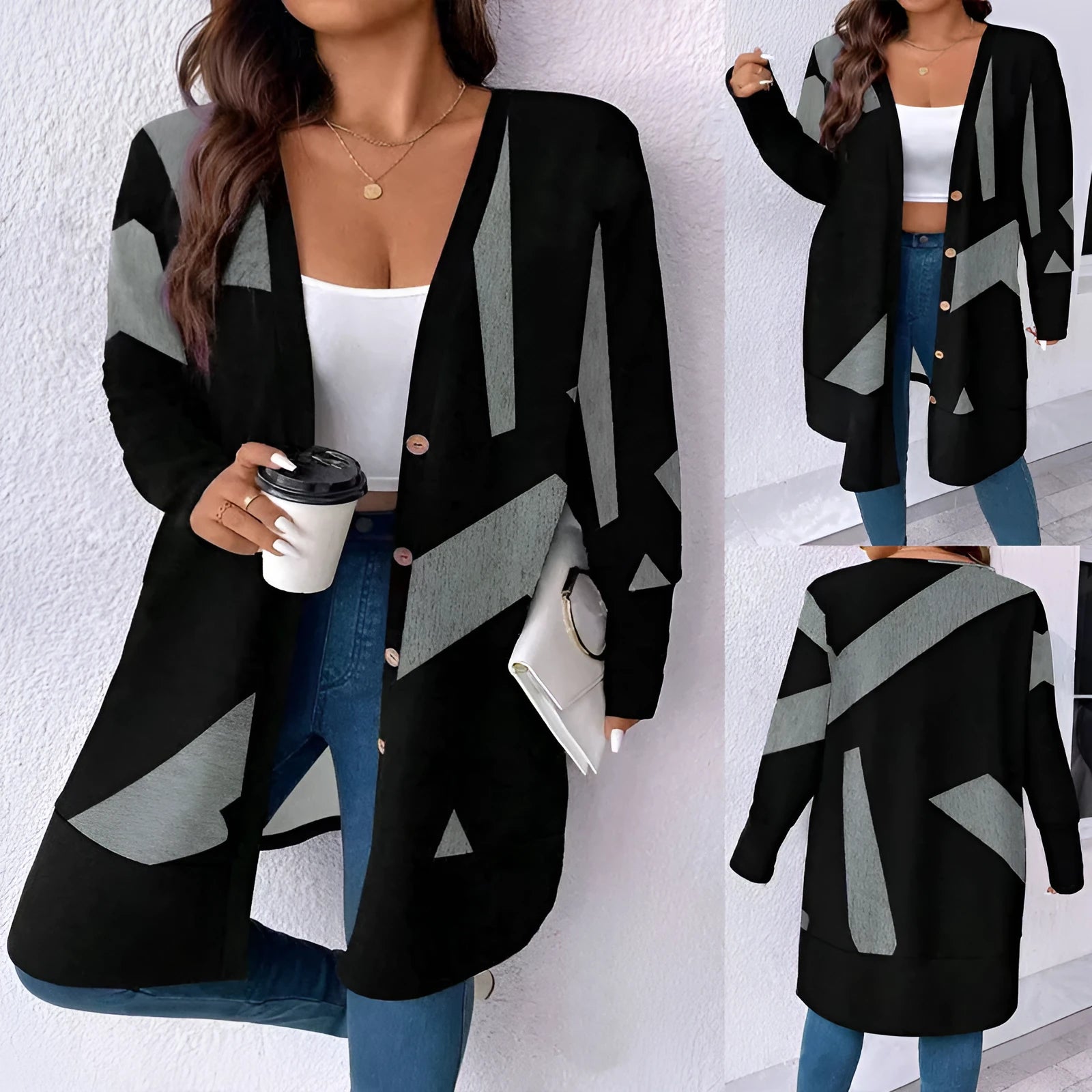 Black loose fit plus size casual cardigan with button details on a hanger.