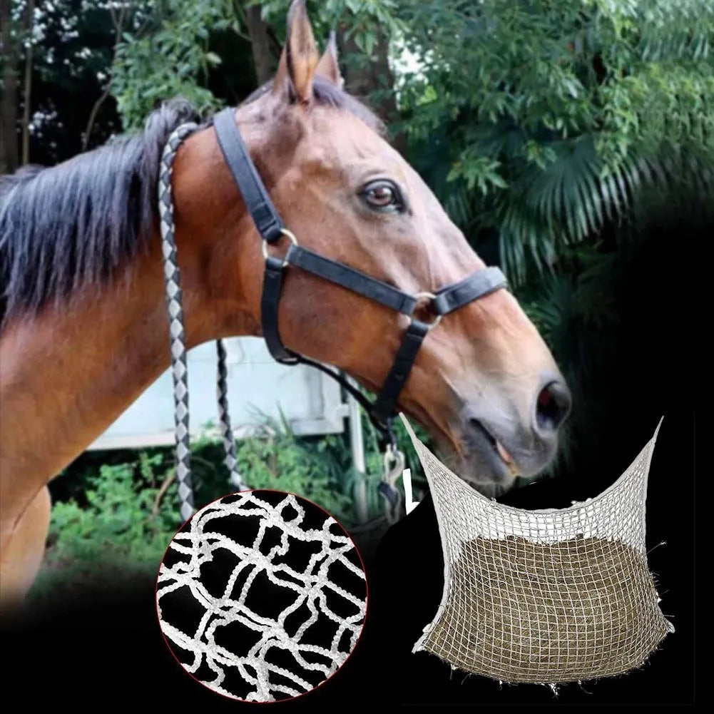 Woven PE rope livestock feeding bag hanging with grid design for cattle horses sheep