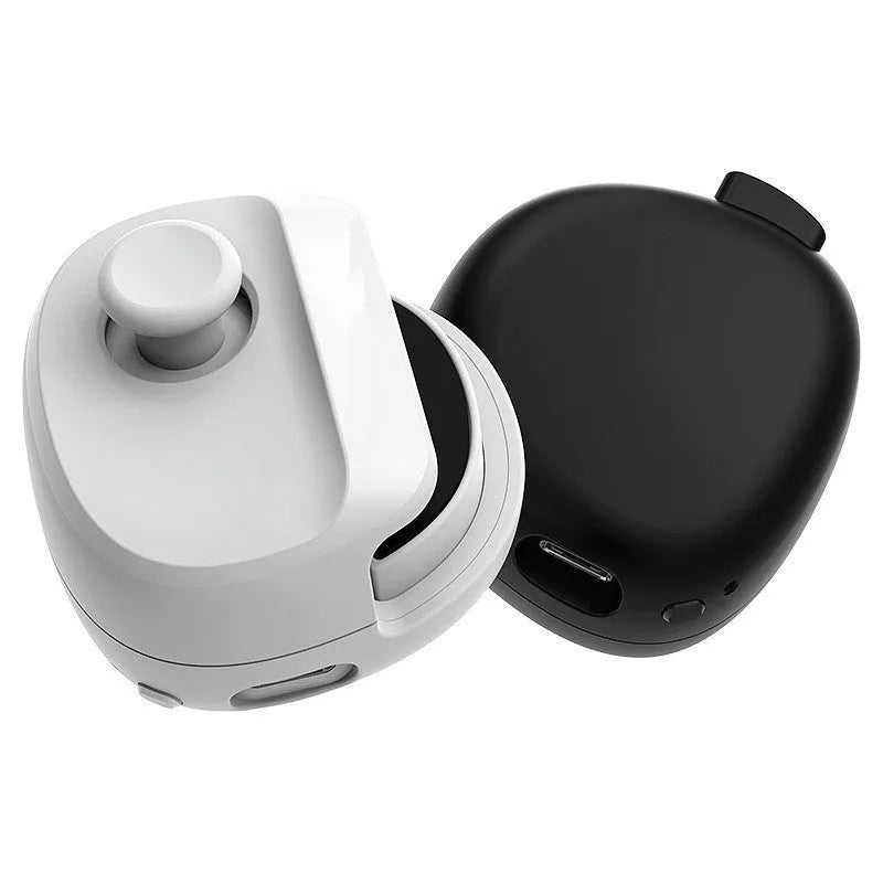 Black and white USB game stick controller showing compact size and joystick design.