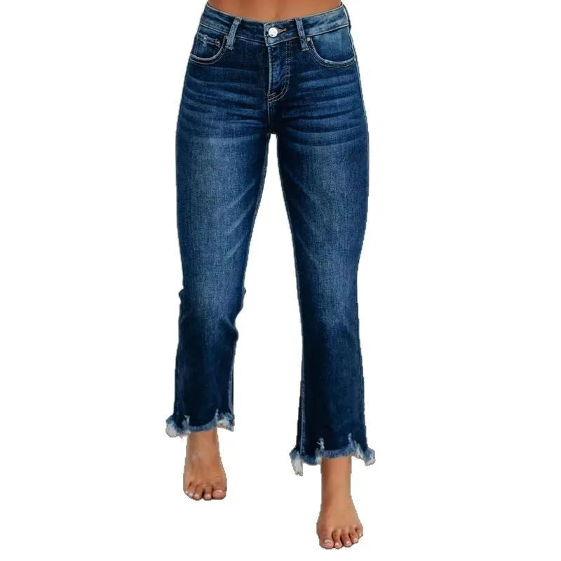 Women's dark blue cotton denim jeans with hand-distressed detailing and casual styling