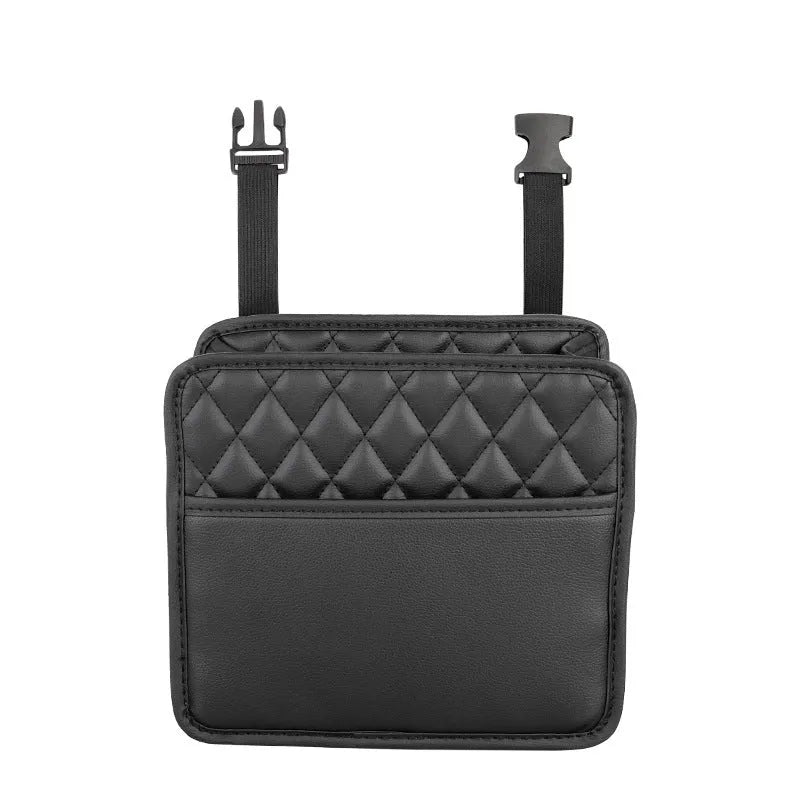 Leather car interior hanging storage bag in colour choice, showing handle and 25cm dimensions.