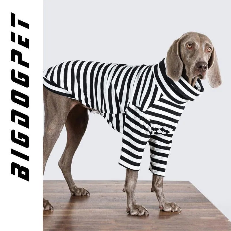 Black and white thin polyester dog clothing for large breeds shown in multiple size options