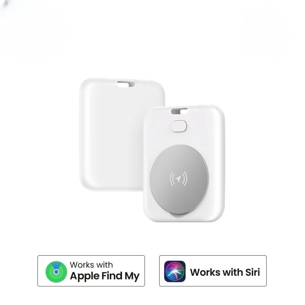 White ABS pet tracking device for Apple users showing lightweight design and portable attachment
