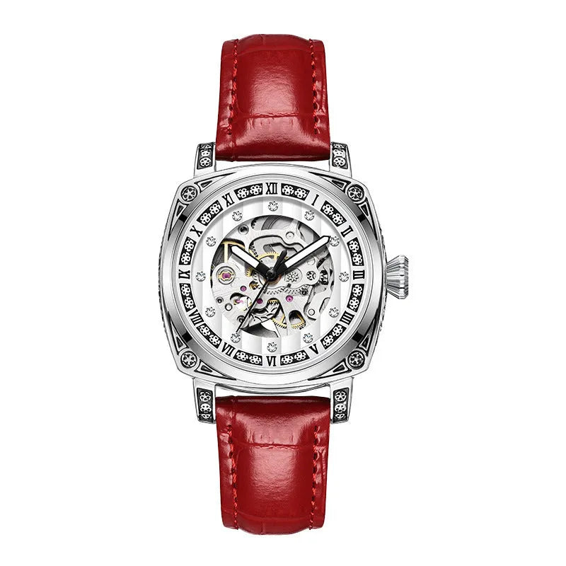 Mechanical watch with luminous hands on a leather strap, stainless steel case, shown in black colour.
