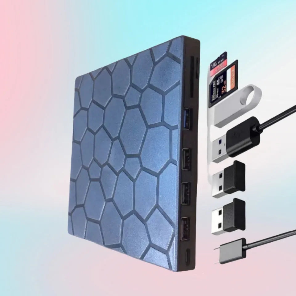 Black external CD DVD drive with USB connection for computer disc burning