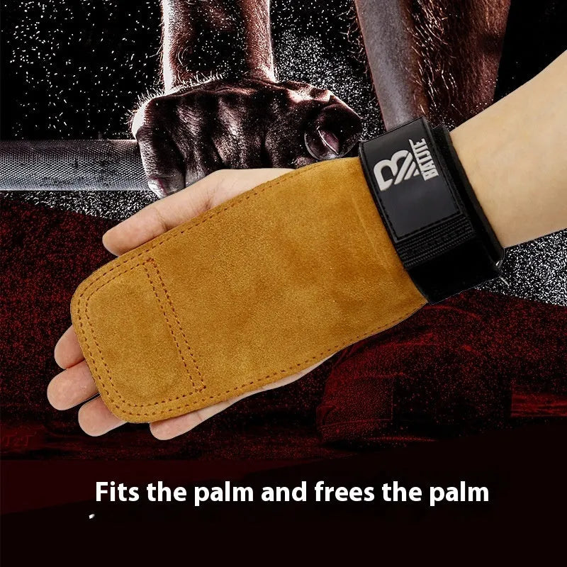A pair of brown fitness wrist protectors for gym equipment and pull-up bar exercises.