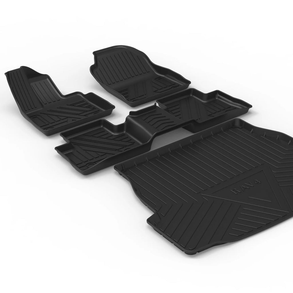 Black TPE car boot liner with carbon fibre pattern texture.