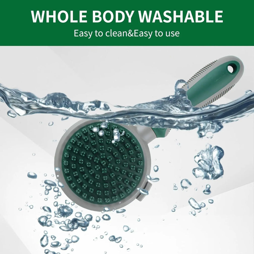 Green and pink 2-in-1 silicone cat brush showing slicker brush side and octopus-teethed massager side