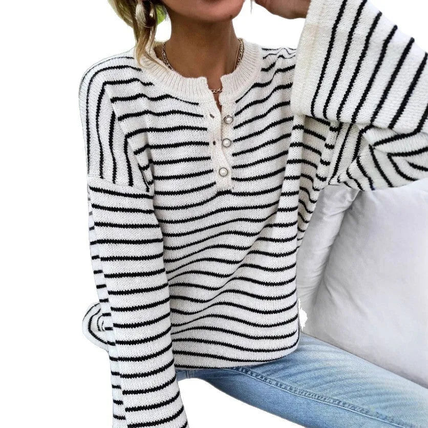 Black striped women's loose top with drop-shoulder sleeves and button detail