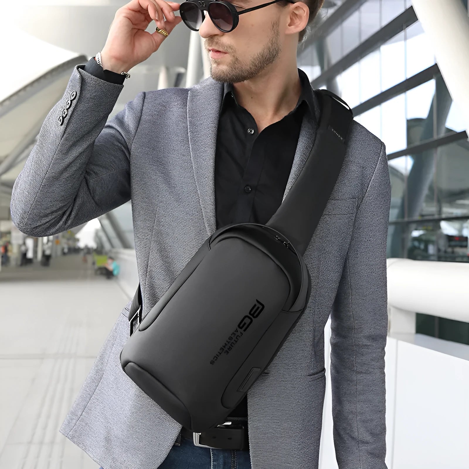 Men's black business shoulder bag with USB charging port and Oxford cloth construction