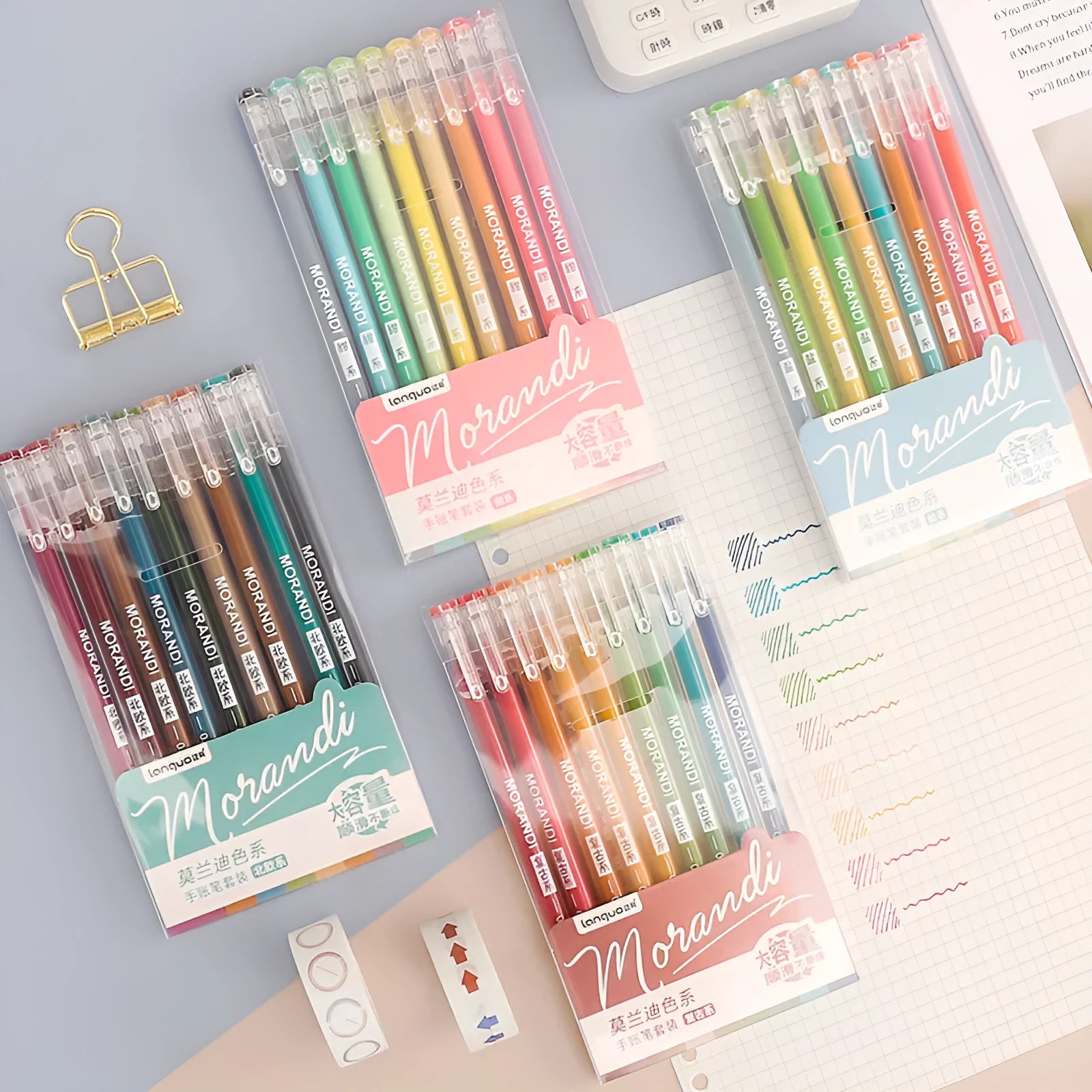 Set of nine retro gel pens with 0.5mm needle tips in plastic casing arranged by colour series