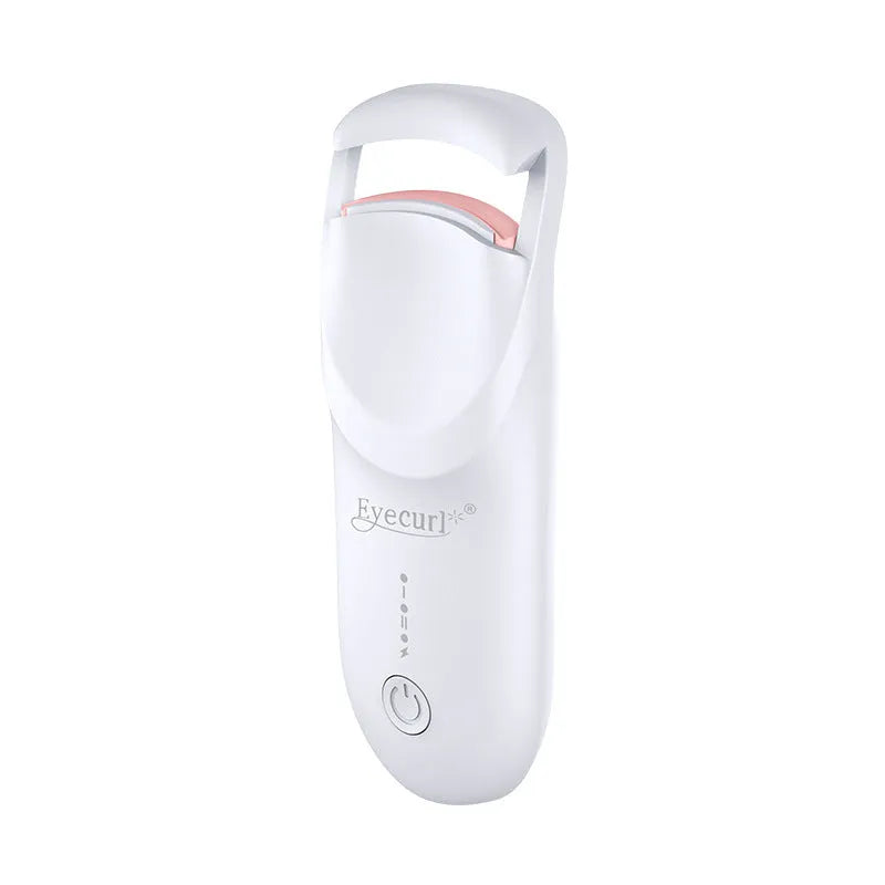 Plastic electric heating eyelash curler with USB cable in cream white, pink, or apricot.