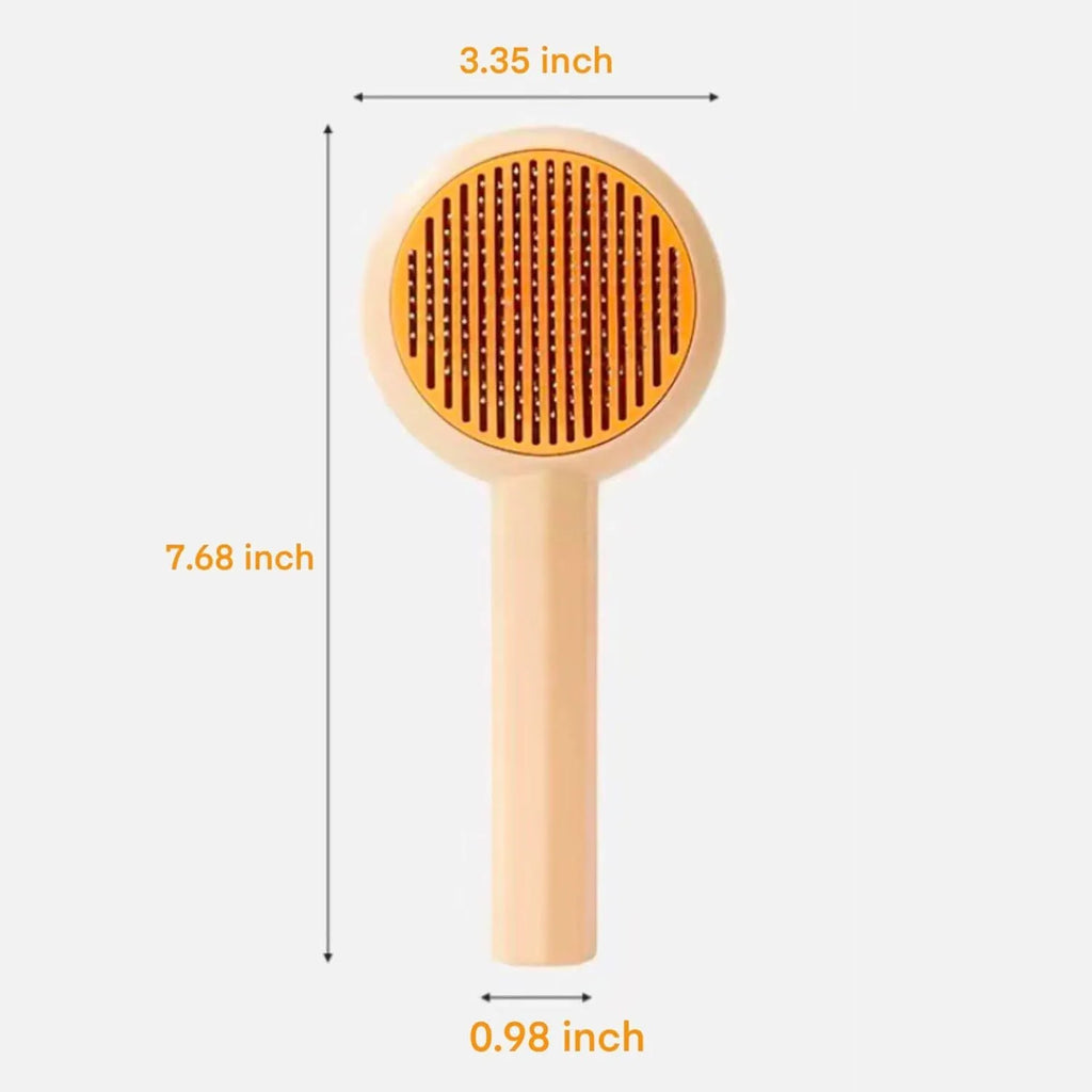 Blue self-cleaning pet grooming brush with angled metal needles and a yellow button.
