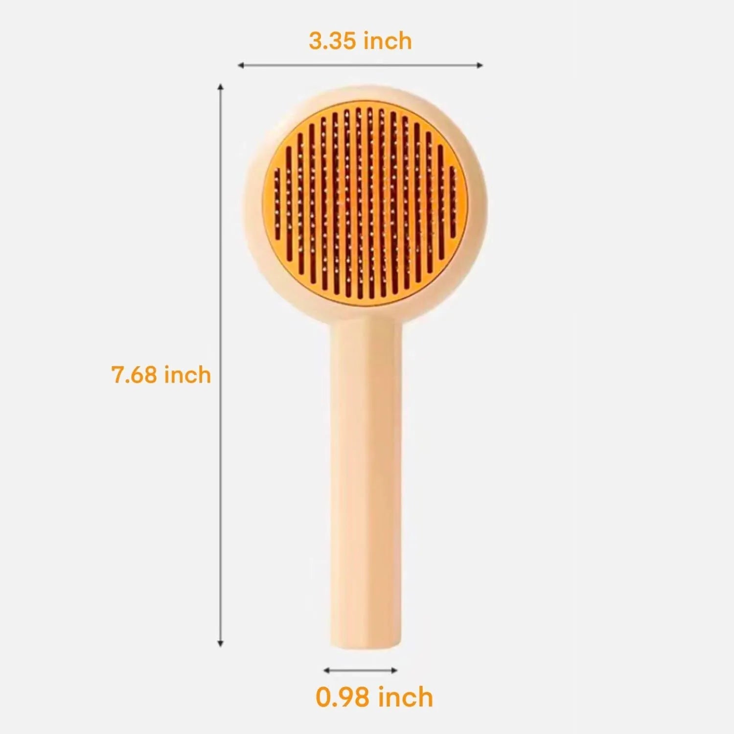 Blue self-cleaning pet grooming brush with angled metal needles and a yellow button.