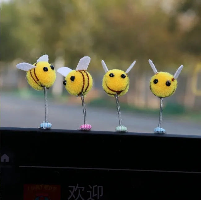 Swing spring bee car decoration made from soft fur ball, 3cm size.