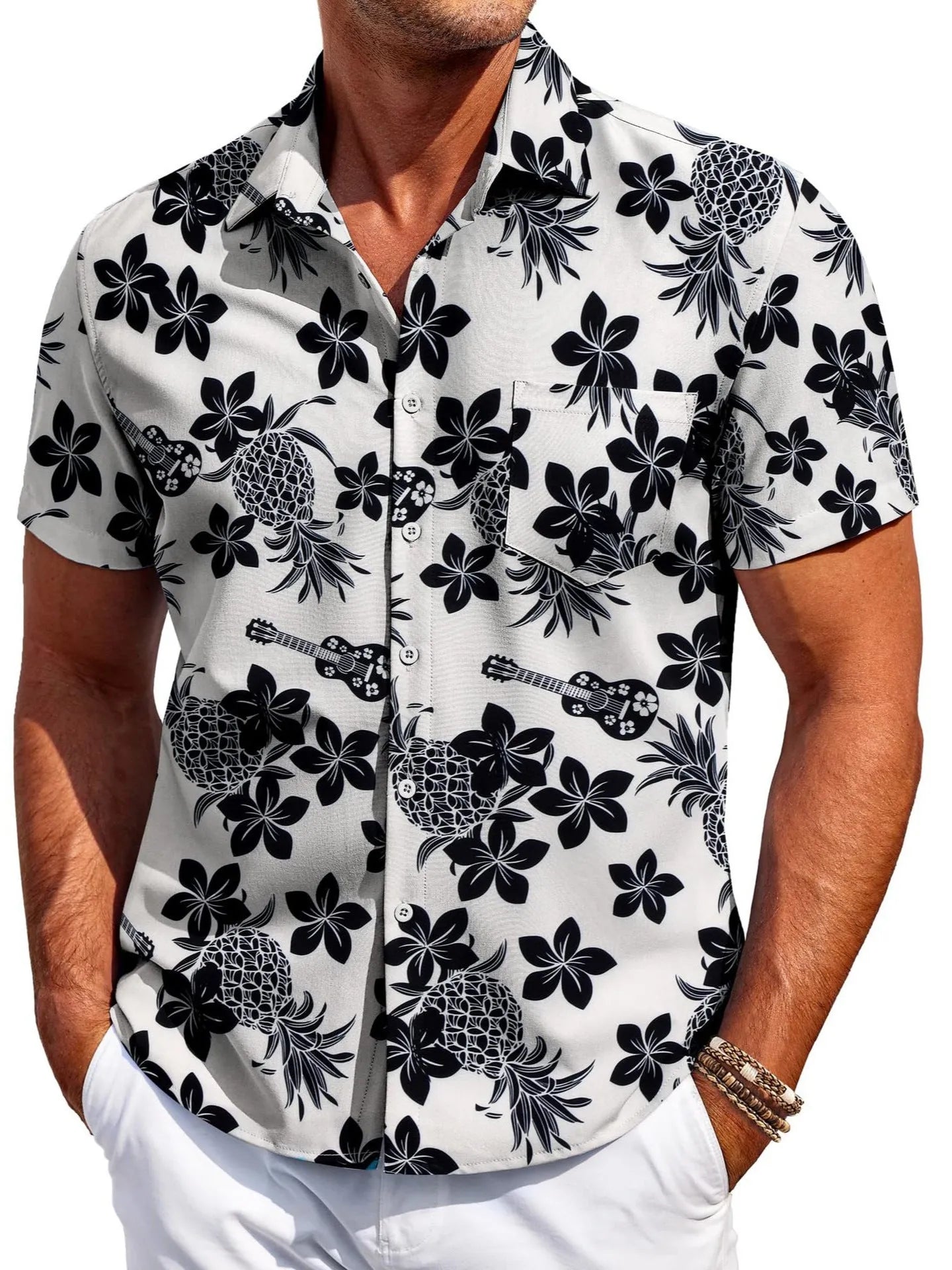 Man wearing a slim fit short sleeve Hawaiian print cardigan shirt in a solid colour.