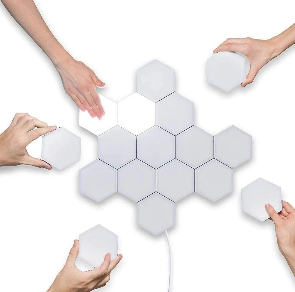 Modular hexagonal touch wall lamp units in honeycomb arrangement with LED lighting