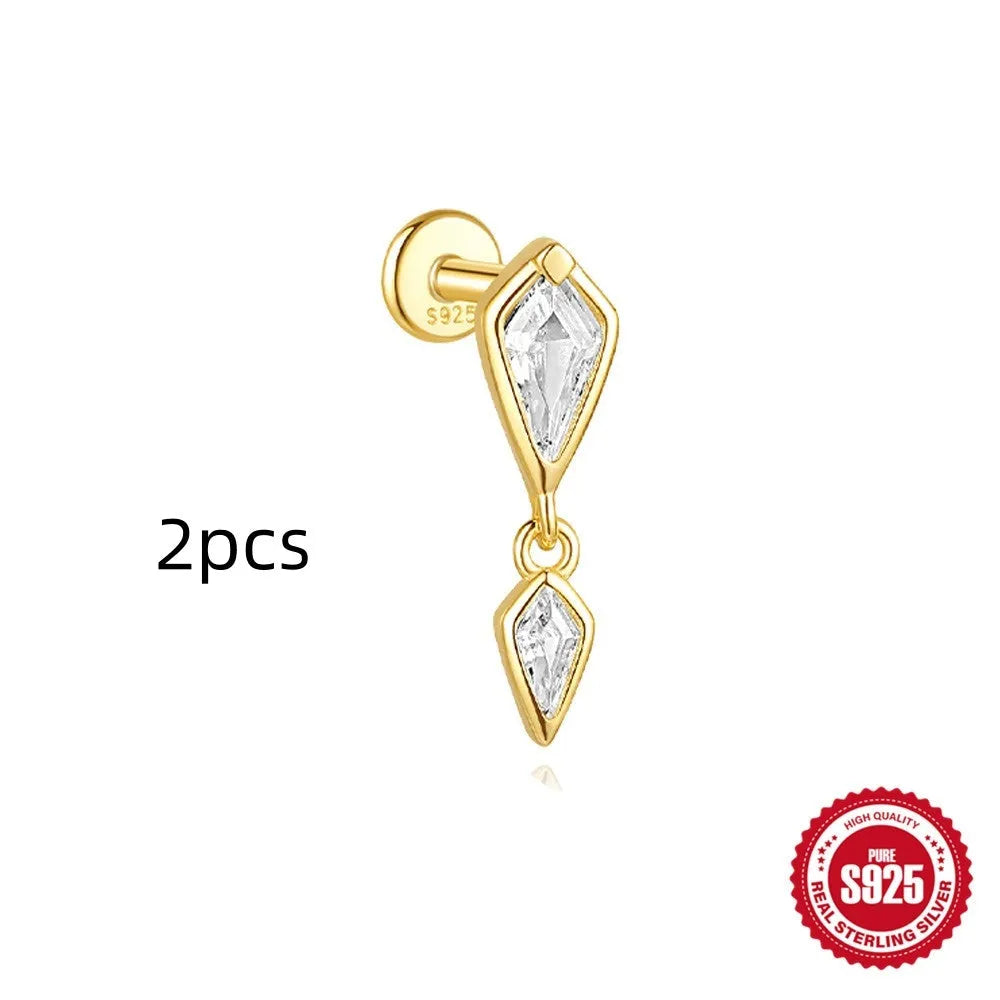 S925 sterling silver geometric kite earring with rhinestone chain tassel in gold colour.