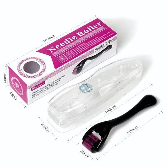 Black and purple derma rollers with titanium microneedles showing size options from 0.2mm to 1.0mm