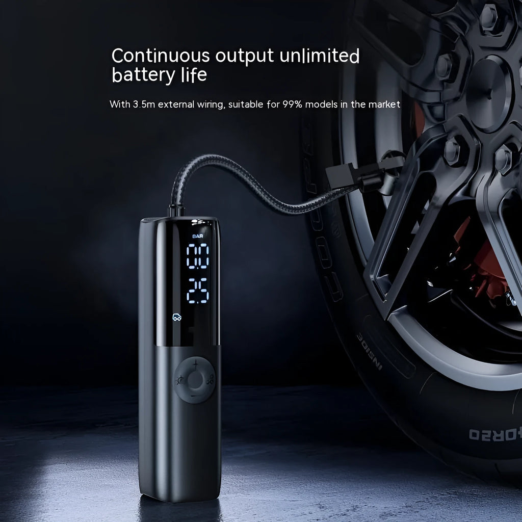 Black portable electric car air pump with tyre pressure gauge and ABS inflation tube