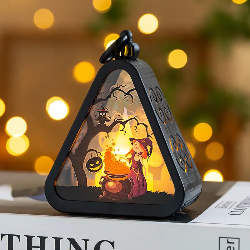 Portable Halloween pumpkin lamp decoration with plastic and glass construction measuring 8.9cm