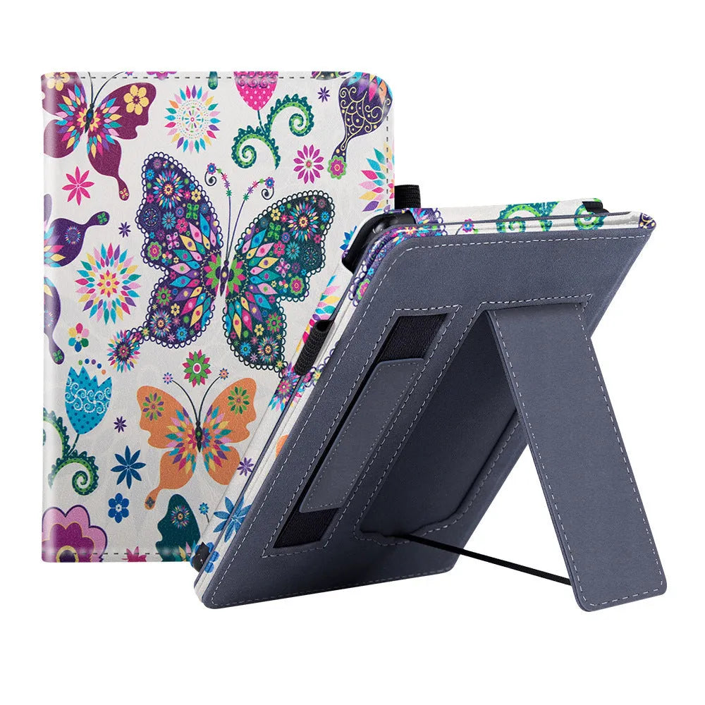 Kindle Paperwhite 5 leather case showing hand strap bracket and magnetic closure in a choice of colours and designs.
