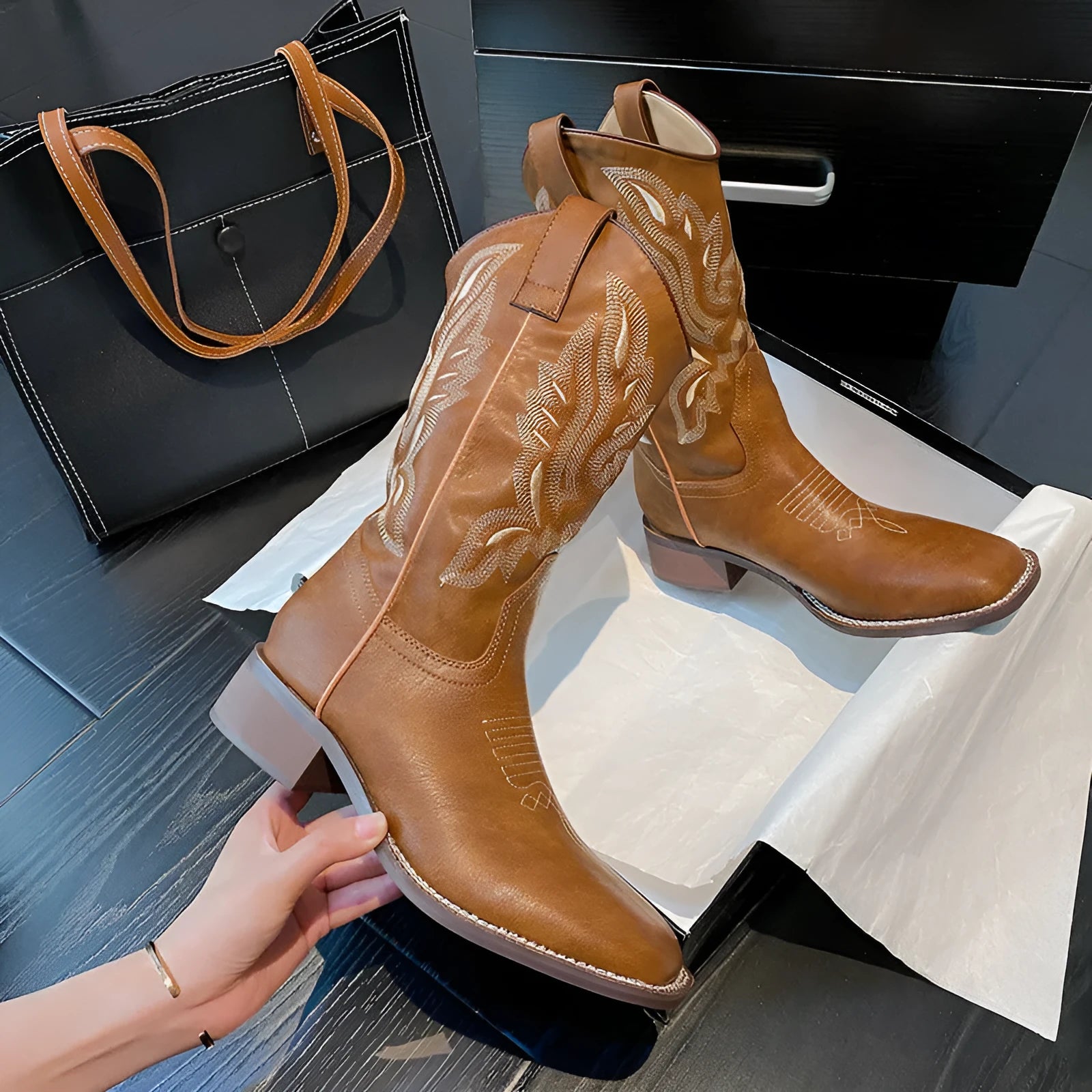 Brown women's mid-calf embroidered Martin boots with leather lining and decorative totem patterns