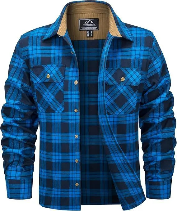 Men's plaid flannel casual button shirt in cardigan style for autumn and winter wear